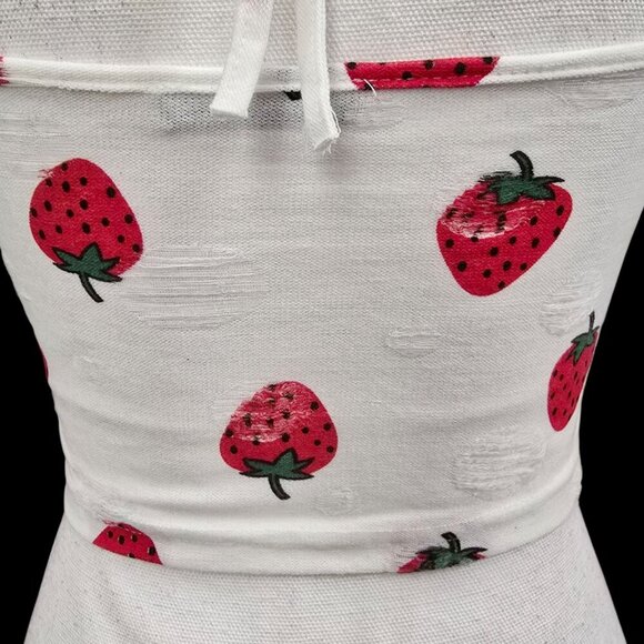 Shein ✦ Strawberry Print Halter Crop Top ✦ Tie-Back Cotton Blend White/Red M - Picture 5 of 11
